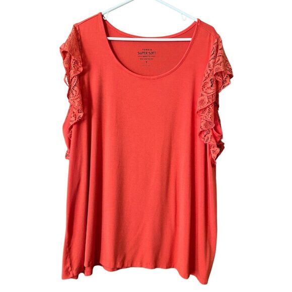 TORRID SUPER SOFT KNITS WOMENS GEORGETTE LACE BUTTERFLY SLEEVE CORAL BLOUSE SIZE - Picture 1 of 11